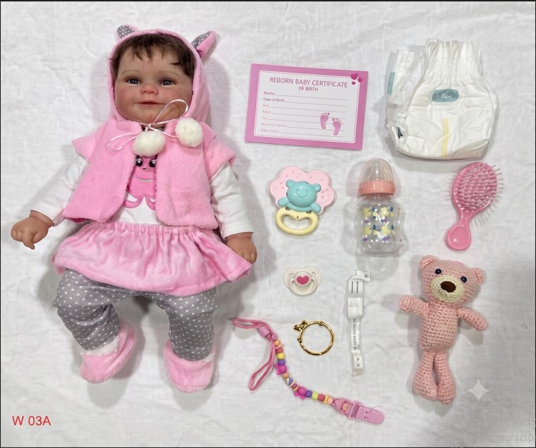 Muñeca Bebé Reborn Realista "Osita Cariñosa" - Set Rosado con Capucha y Accesorios (W-03A)