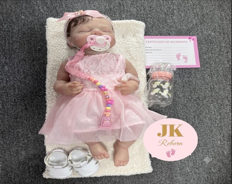Muñeca Bebé Reborn Realista Niña Durmiendo - Set Vestido de Encaje Rosa, Zapatitos Blancos y Accesorios (JK-02)