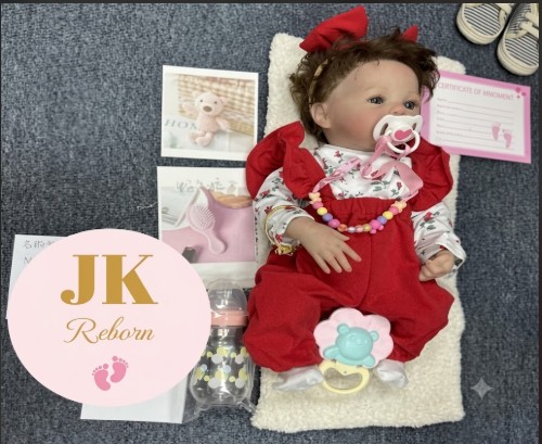 Muñeca Bebé Reborn Realista "Encanto Primaveral" - Conjunto de Overol Rojo, Diadema y Accesorios (W-2225)