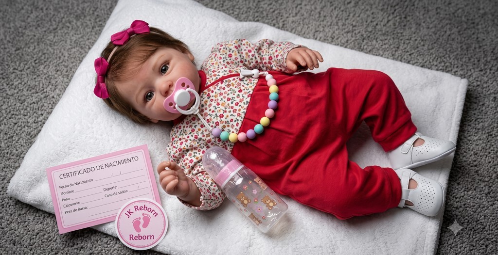 Muñeca Bebé Reborn Realista con Ojos Abiertos - Set Conjunto Rojo Floral, Lazo Rosa y Accesorios (JK-04)