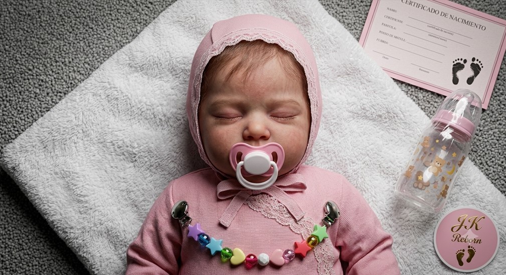 Muñeca Bebé Reborn Realista Niña Durmiendo - Set Clásico Rosado con Capucha y Accesorios Línea JK Reborn (JK-03)