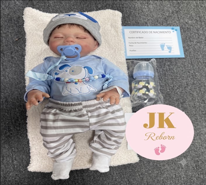 Muñeco Bebé Reborn Realista "Perrito Juguetón" - Set Premium Celeste con Pantalón a Rayas y Accesorios (JK-18)